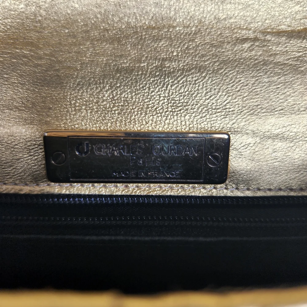 Charles Jourdan  Gold Leather Clutch Bag w/ Shoulder Strap Assymetric Flaws